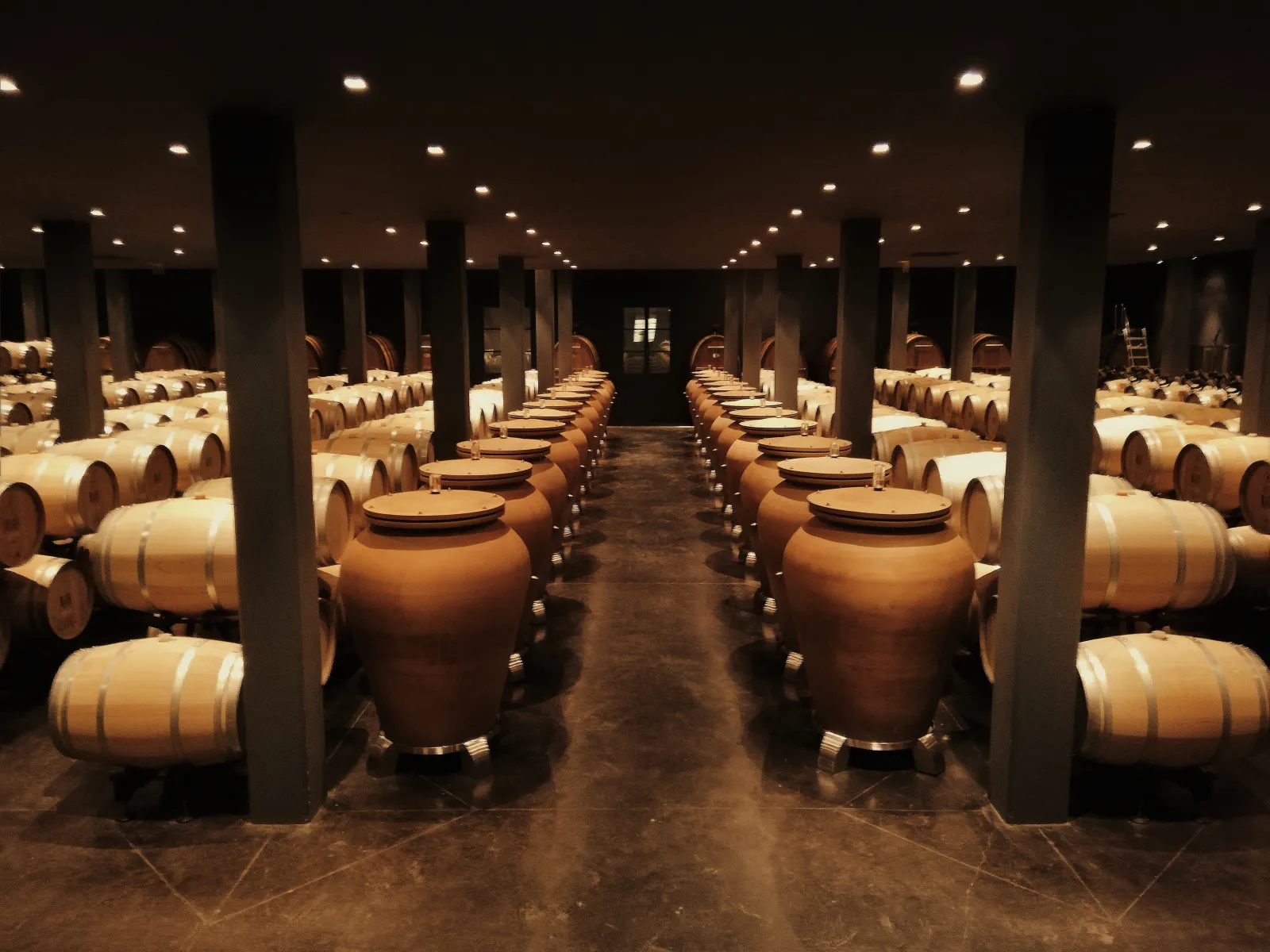 Wine aging cellar at Château Larrivet Haut-Brion in Bordeaux featuring symmetrical rows of oak barrels under ambient lighting.