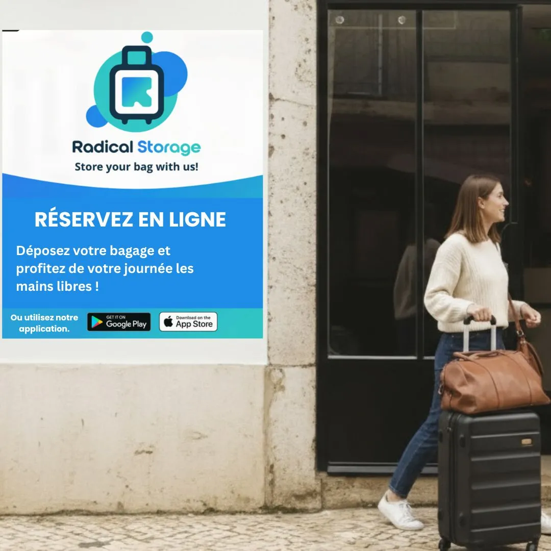 Radical Storage advertisement in Bordeaux featuring a woman with her luggage next to a black door, promoting online baggage storage reservation service