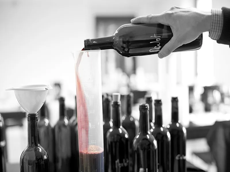 A sommelier pours red Bordeaux wine into a glass with wine bottles displayed in the background at a winery or wine facility.