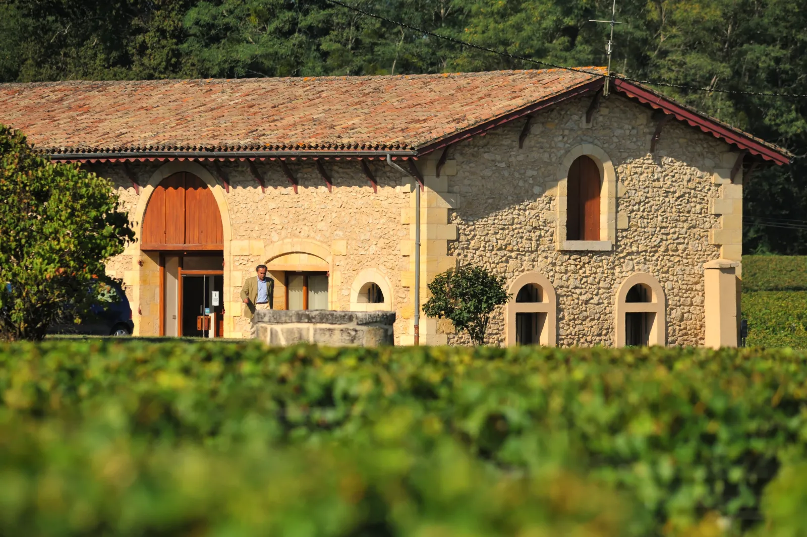 Classical stone building at Domaine de la Solitude in Bordeaux, featuring an orange arched door, rounded windows, red tile roof and vineyard vines in the foreground