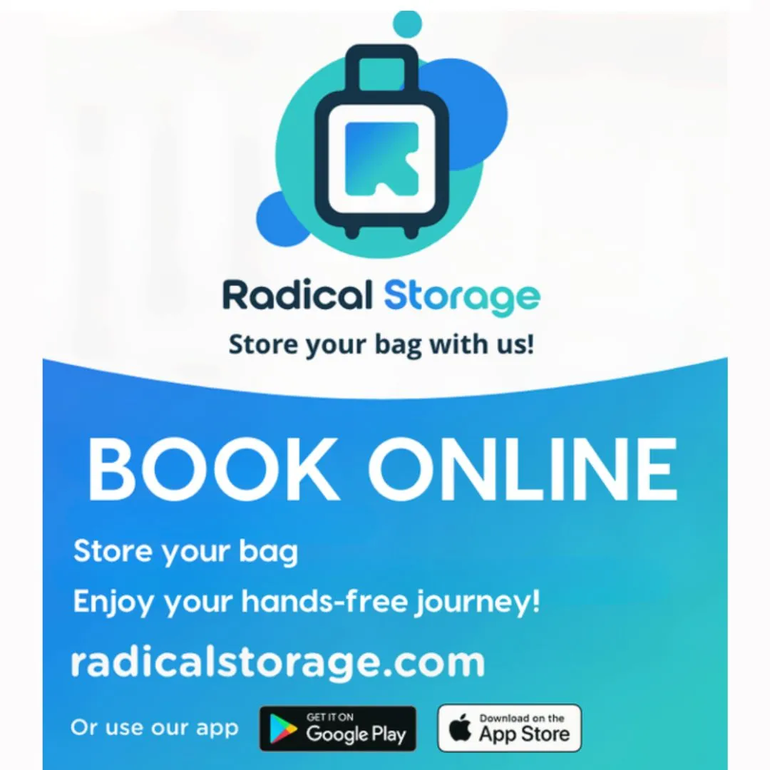 Radical Storage advertising poster for Bordeaux featuring a stylized suitcase with the app logo, promoting online bag storage booking on radicalStorage.com or through the mobile app.