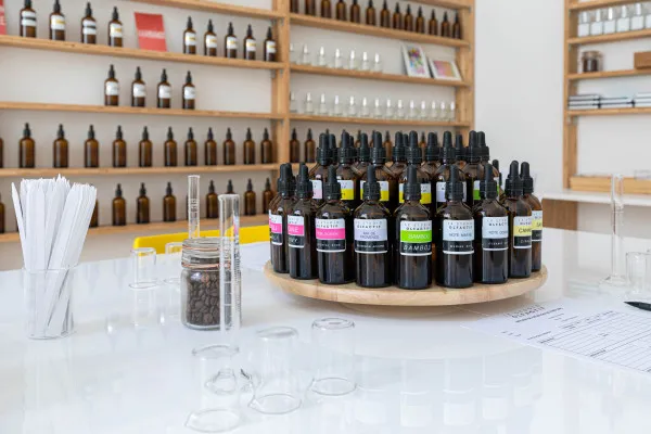 Bordeaux olfactory studio displaying rows of dark fragrance and essence bottles arranged on a white table, surrounded by testing glasses, paper strips, and product shelves in the background