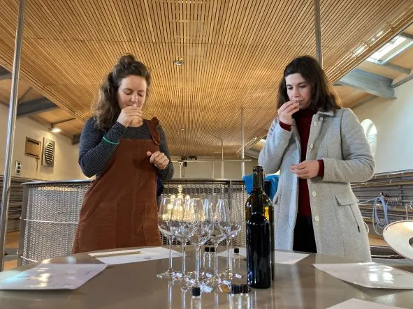 Two women wine tasting in a modern cellar with glasses and a red wine bottle on the counter, wooden ceiling in Bordeaux.