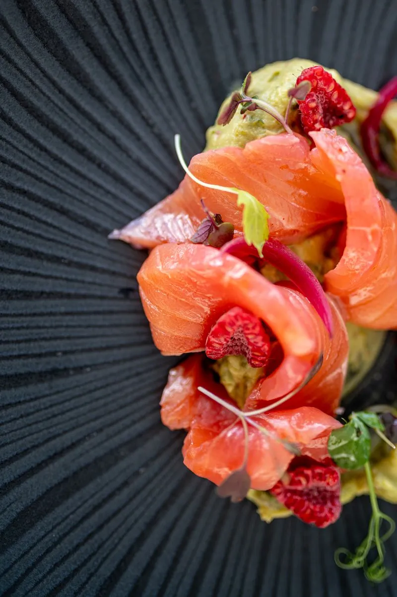 Gourmet dish featuring smoked salmon roses, fresh raspberries and microgreens on a dark striped background, presented at Château Fage La Maison des Vignes in Bordeaux