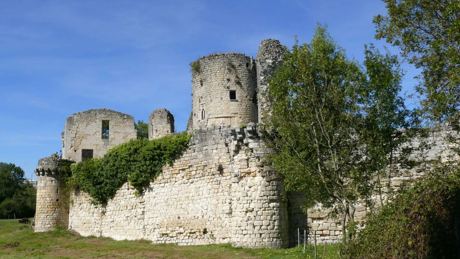 Ruins of Blanquefort Fortress near Bordeaux, featuring medieval stone towers partially overgrown with vegetation.