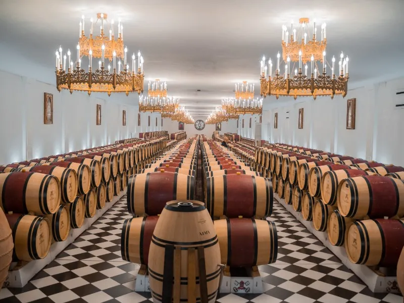 Wine cellar at Château Pape Clément in Bordeaux featuring symmetrical rows of wooden oak barrels beneath ornate golden chandeliers, with a black and white checkered floor and white ceiling.