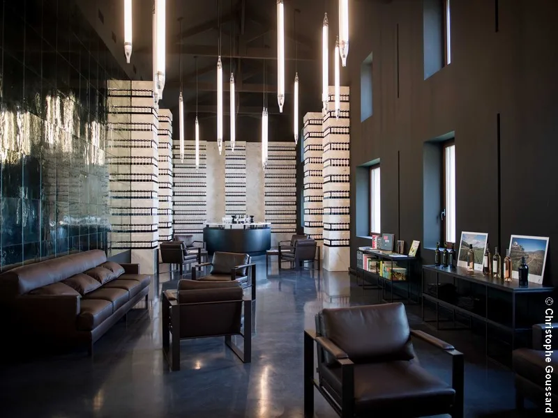 Modern interior of Château Malescasse in Bordeaux featuring a spacious brick-walled hall with brown leather seating, contemporary pendant lighting, and integrated bookshelves.