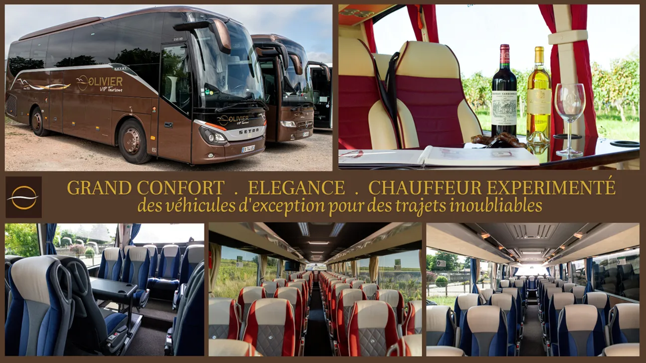 Showcase of luxury Oliver VIP Tourisme coaches from Bordeaux: premium vehicles with spacious interiors featuring comfortable seats in various colors, premium amenities and experienced driver service for exceptional journeys.