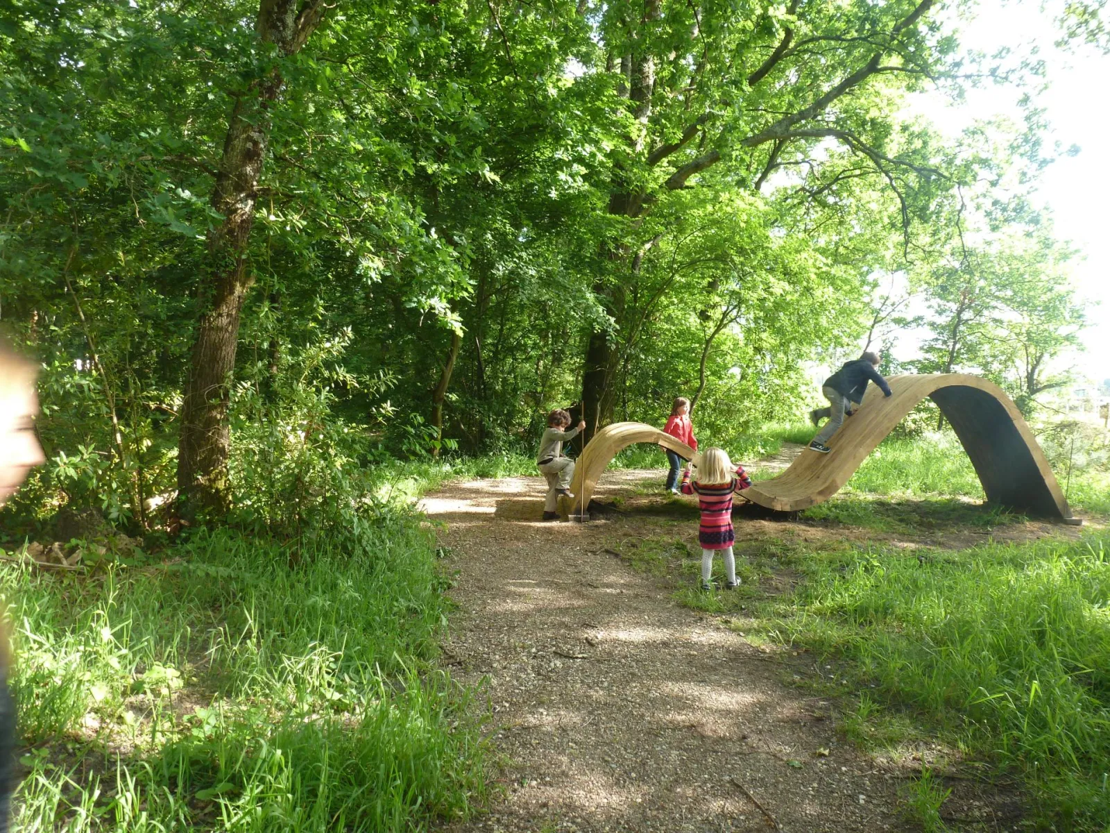 Children playing on a wooden natural play structure in a forest at Bois du Bouscat in Bordeaux, featuring a slide and climbing elements.
