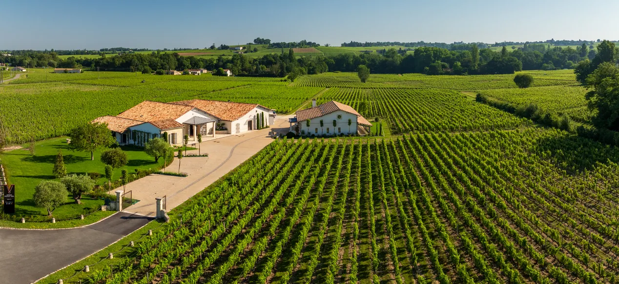 Aerial view of Château Petit Val near Bordeaux, featuring terracotta-roofed buildings surrounded by organized vineyard rows in the Bordeaux wine region.