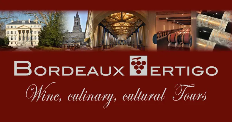 Bordeaux Vertigo logo featuring Bordeaux landmarks, wine cellar and cloister, showcasing wine, culinary and cultural tours