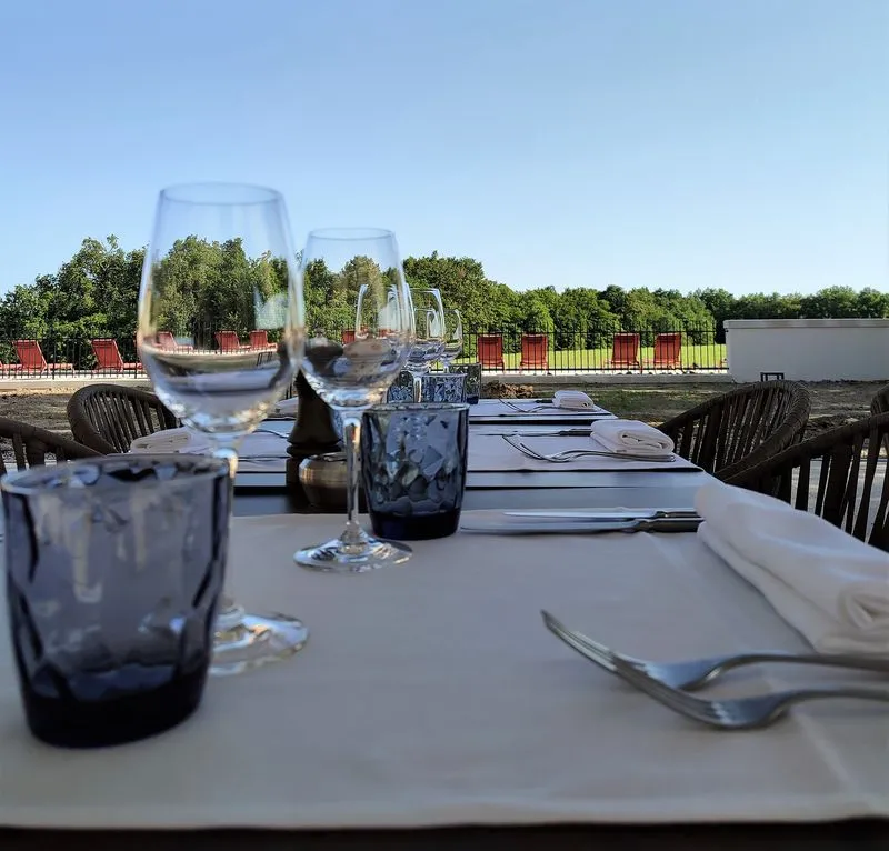 Outdoor tasting table with empty wine glasses, cutlery and blue glasses overlooking the vineyards of Château Fage in Bordeaux on a sunny day.