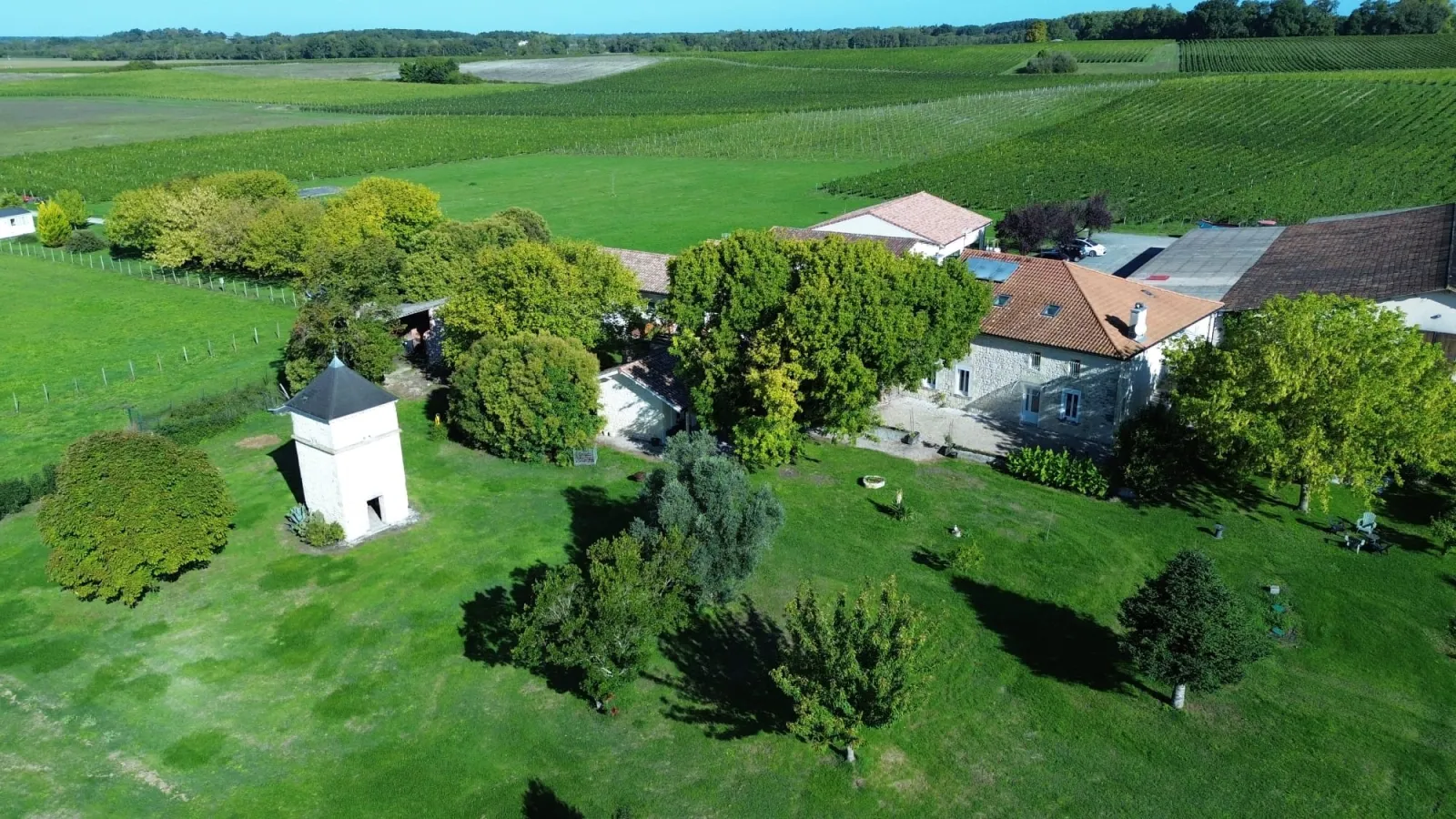 Aerial view of Château Pierre de Montignac, Tanins guesthouse near Bordeaux, featuring a stone manor house, farm buildings, white tower, lush vineyards and rolling countryside landscape