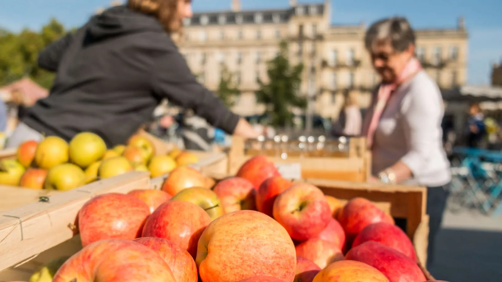 Pey Berland Market in Bordeaux with fresh fruit stalls displaying red apples and yellow lemons, customers shopping in background with Haussmann buildings