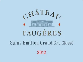 Wine label for Château Faugères, Saint-Émilion Grand Cru Classé vintage 2012, featuring a château illustration and light blue background