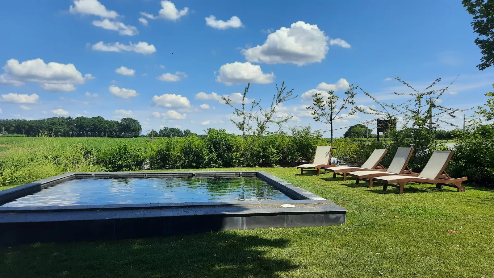 Rectangular swimming pool with blue water surrounded by wooden lounge chairs on a green lawn, with fields and cloudy blue sky in the background at Logis de Valandraud near Bordeaux.
