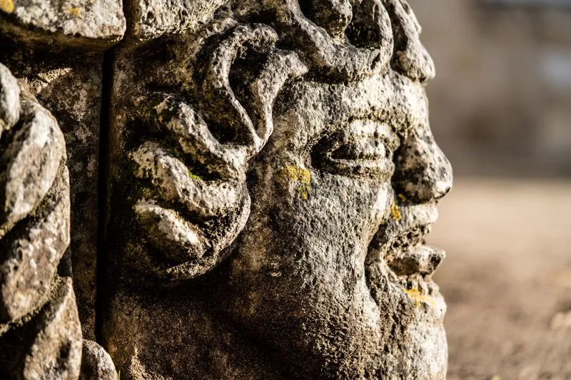 Stone sculptural detail of an ornamental head with foliage at Château de Sales in Bordeaux, showing moss and lichen patina.