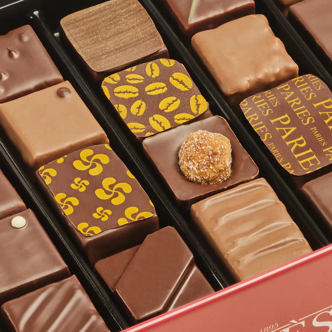 Fine chocolate assortment from Maison Pariès in Bordeaux displayed in a black box, featuring milk and dark chocolate squares, gold-decorated pieces, and a sugar-coated truffle.