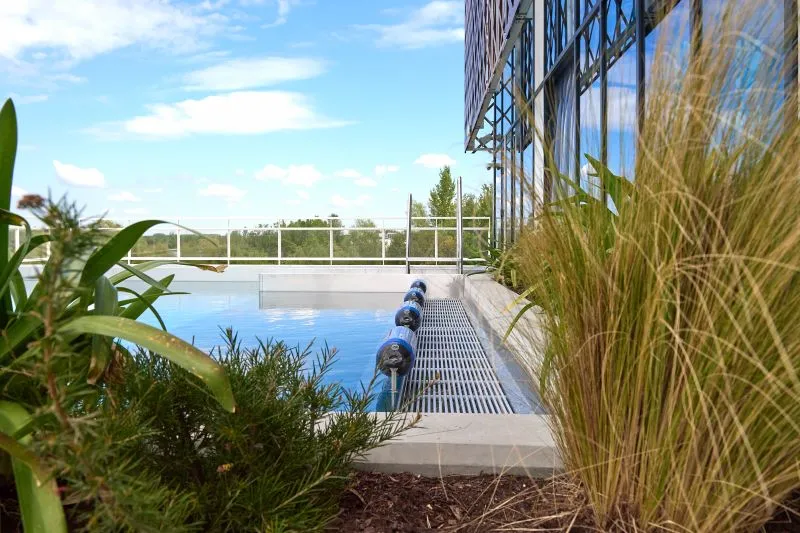 Outdoor pool at the Calinésie Aquatic Center near Bordeaux, featuring aquatic plants in the foreground, a wooden walkway, and swimmers in the water