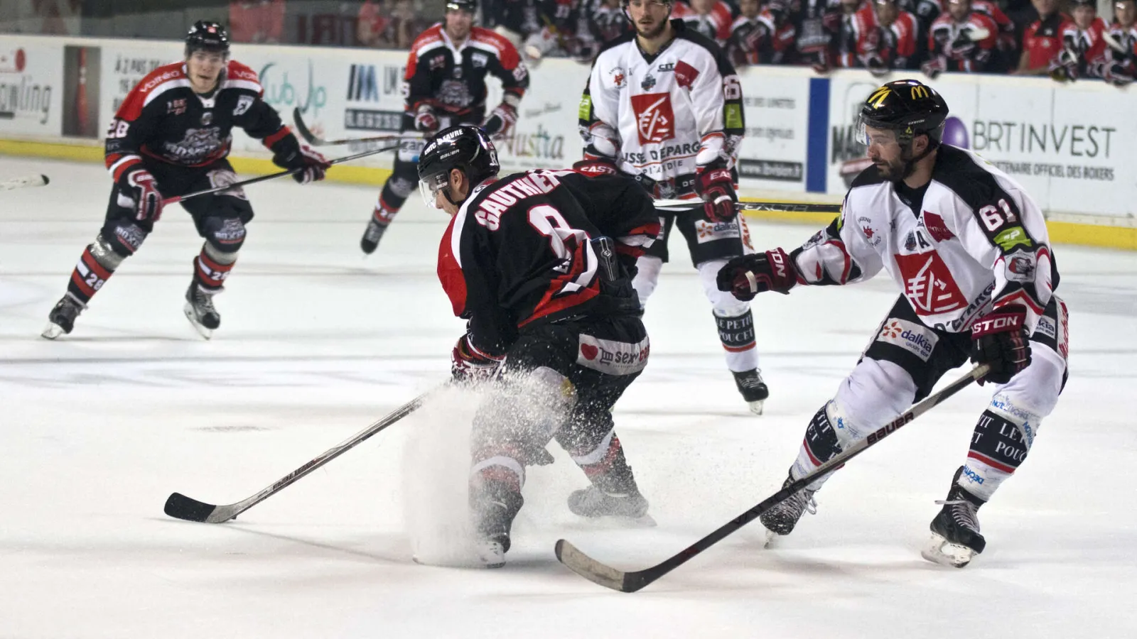 Ice hockey match at Mériadeck Ice Rink in Bordeaux: a player in black and red jersey number 8 controls the puck against a defender in white jersey, watched by other players and spectators.