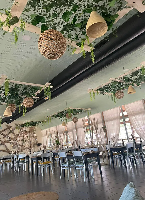 Interior of Bistrot du Lac in Bordeaux featuring a spacious dining room with blue and white chairs, large windows with white curtains, and a black ceiling decorated with hanging plants and wicker pendant lights.
