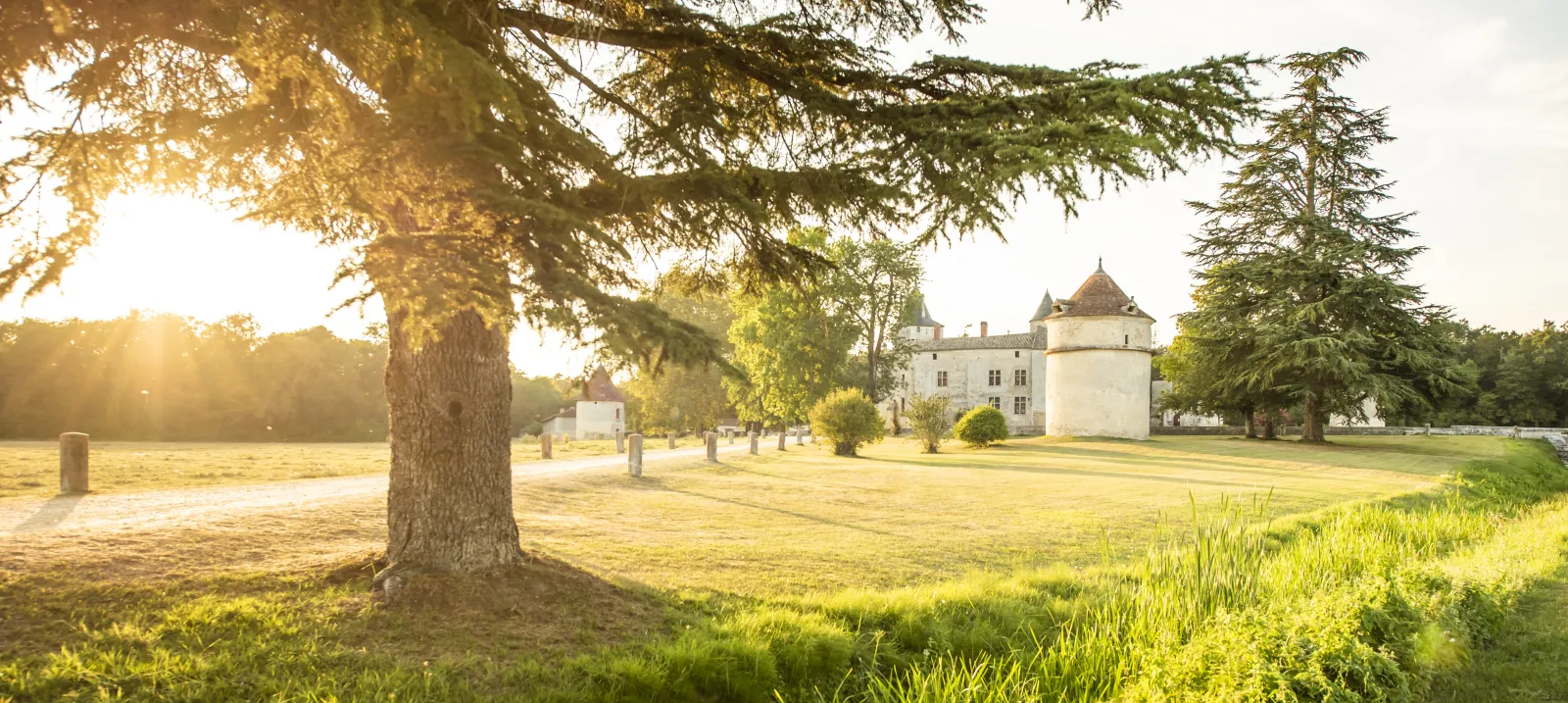 Sunset view of Château de La Brède near Bordeaux, surrounded by lush green grounds with ancient trees and stone pathways
