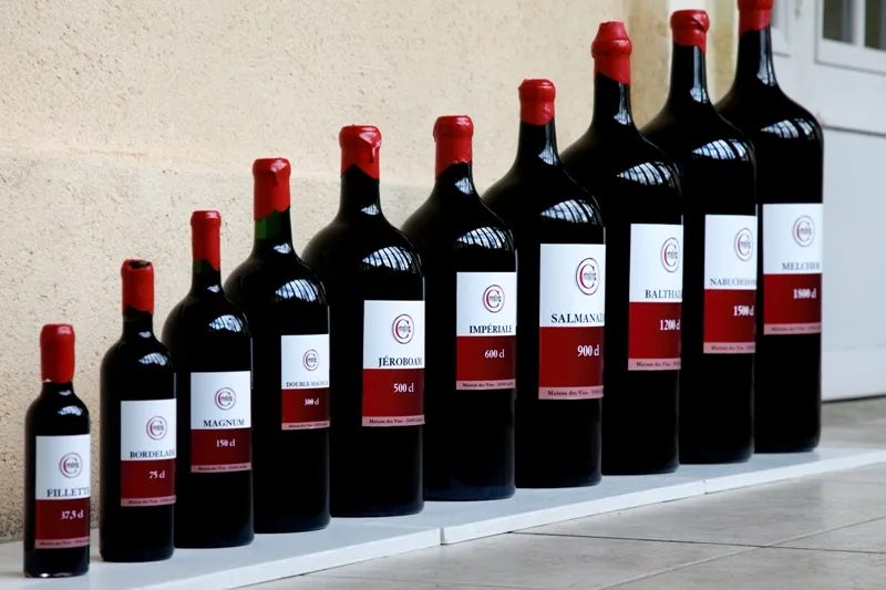 A lineup of red Bordeaux wine bottles arranged by increasing size from standard bottles to magnum and larger formats, displayed at the Maison des vins de Cadillac.