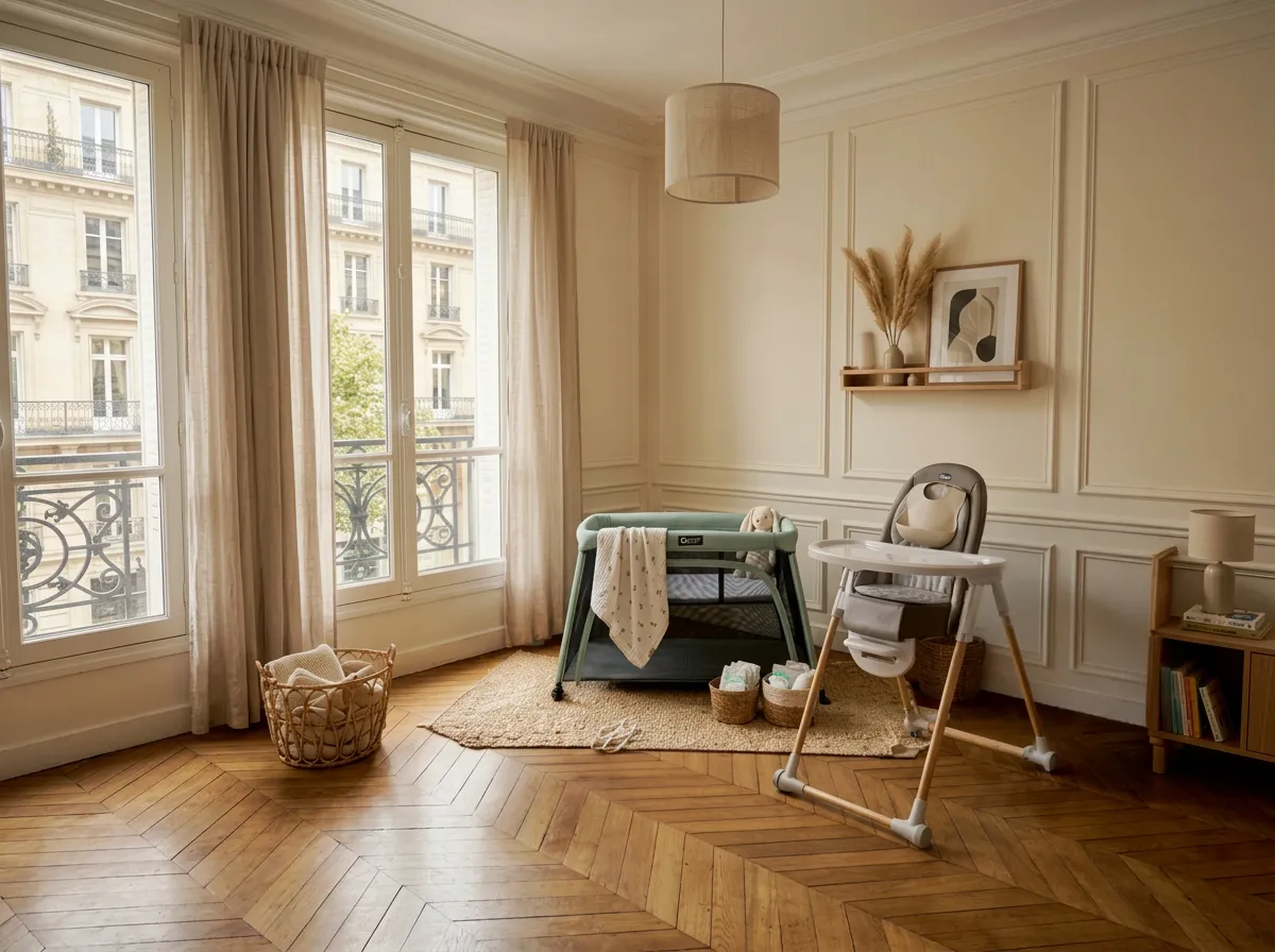 Elegant baby room in Bordeaux featuring a gray-blue travel crib, folding high chair, herringbone parquet flooring, large French doors opening onto a Haussmann-style balcony, cream walls with wood paneling, natural wood furniture and minimalist decor.