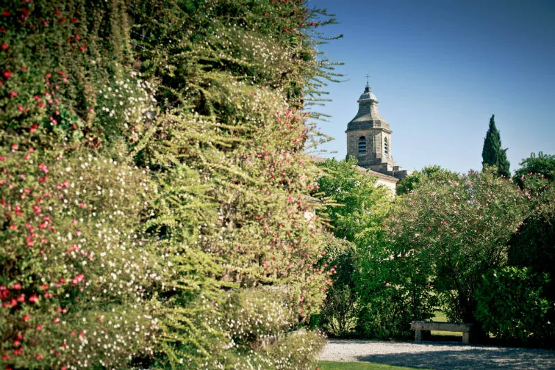 View of Château Prieuré-Lichine in Bordeaux framed by white and pink flowering shrubs under clear blue sky