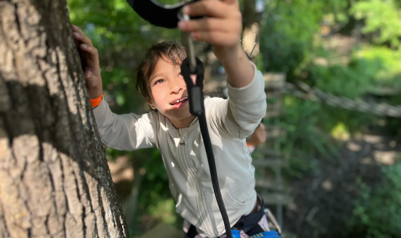 A child in a tree-climbing course looking upward while holding a safety rope, with trees in the background at Tépacap park.