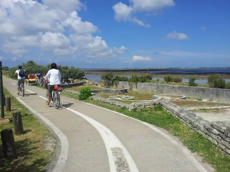 Group of cyclists riding on a dedicated bike path alongside salt marshes with salt harvesting ponds under a blue sky with white clouds.