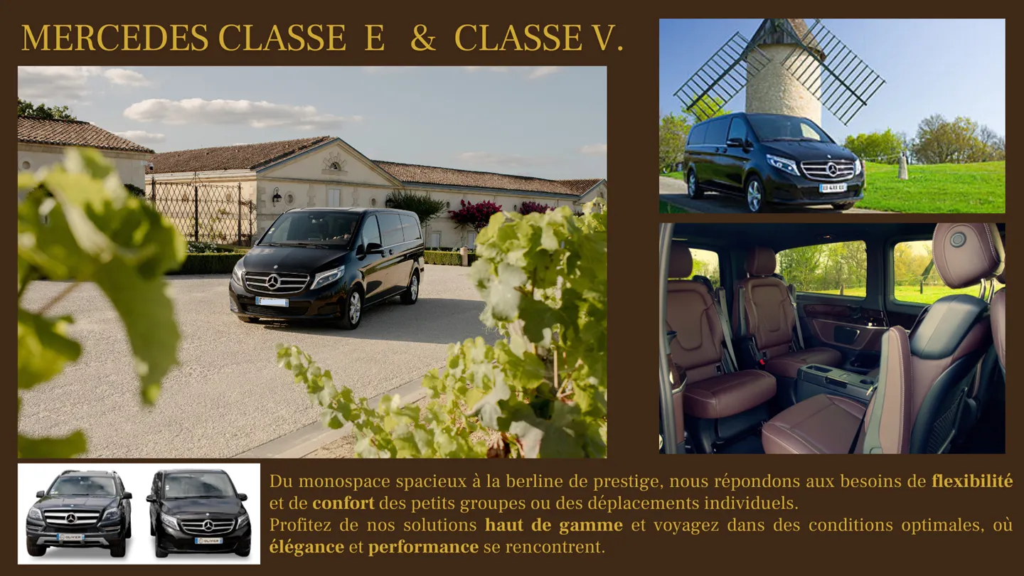 Mercedes Class E and Class V vehicles from Cars Olivier in Bordeaux, featuring luxury cars for group transportation and individual travel with comfort and flexibility.