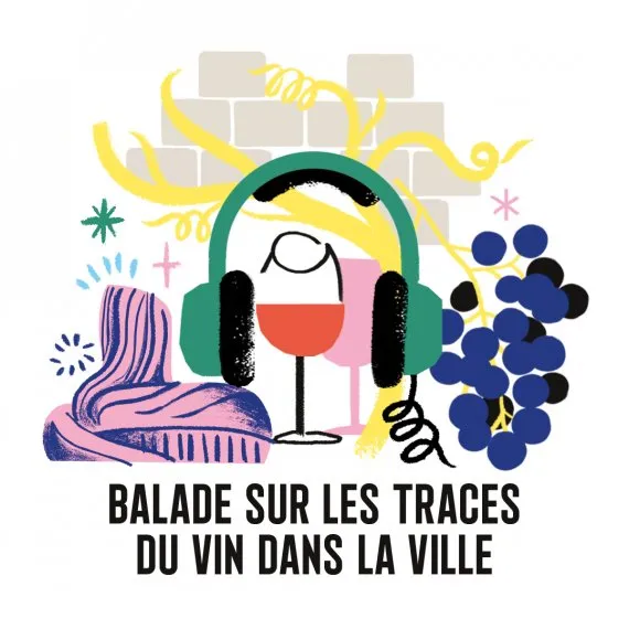 Colorful illustration of a stylized figure wearing green headphones surrounded by wine-related symbols including blue grapes, yellow vine leaves and a red wine glass, with text 'A walk in the footsteps of wine in the city'