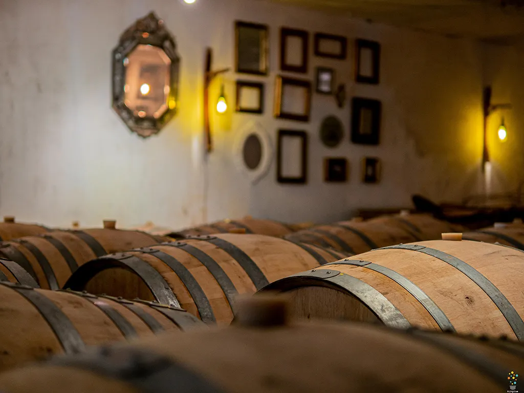 Row of wooden wine barrels in a cellar with golden wall lamps and framed artworks on the wall, Château Hourtin-Ducasse in Bordeaux