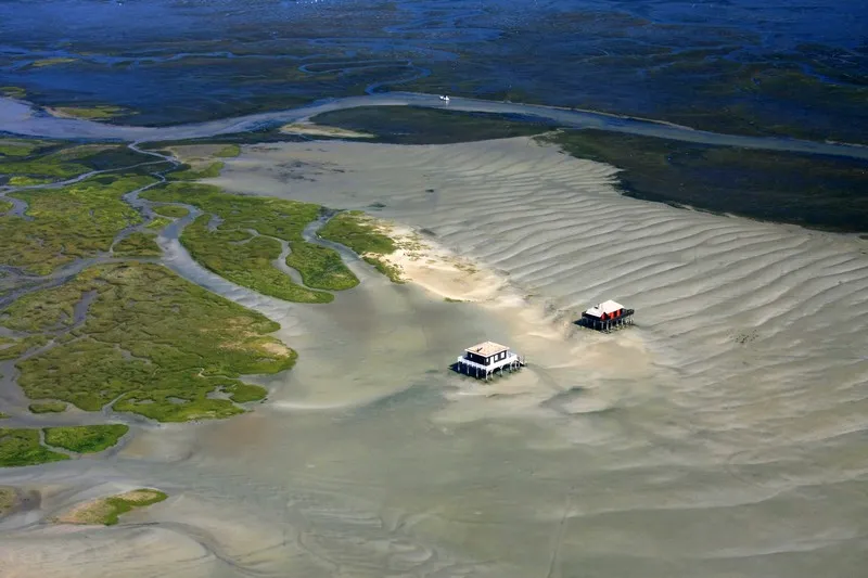 Aerial view of Bird Island near Bordeaux featuring two traditional stilt houses surrounded by tidal mudflats and marshland, with winding channels and green vegetation in the background.