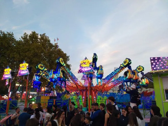 Illuminated carousel ride featuring colorful LED-decorated elephants at Bordeaux's autumn fair, surrounded by visitors in the early evening.