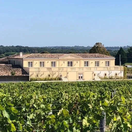 Château Larmande, a pale yellow wine estate with regularly spaced windows, surrounded by lush vineyards in the Bordeaux region