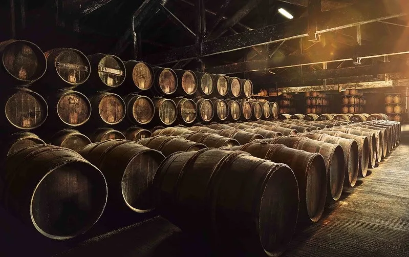 Hennessy aging warehouse in Bordeaux featuring hundreds of oak barrels stacked and arranged in rows within a historic cellar with warm lighting