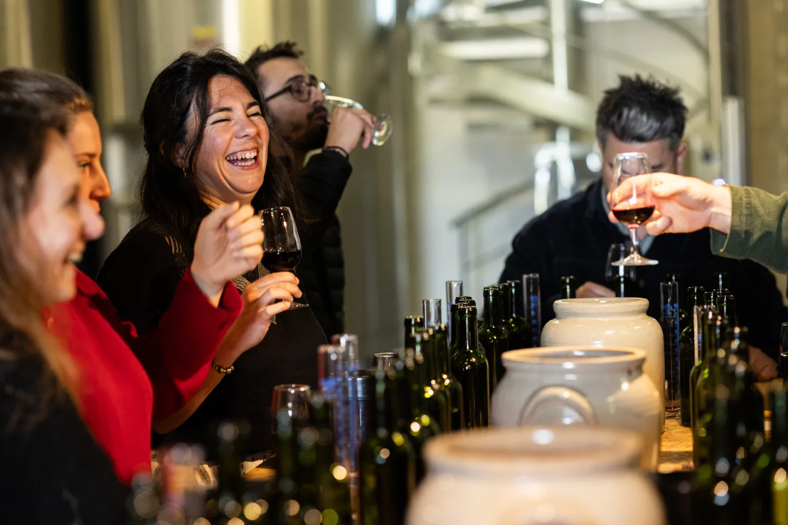 A group of people enjoying a wine tasting at a vineyard estate, holding wine glasses with bottles lined up, smiling and celebrating together.