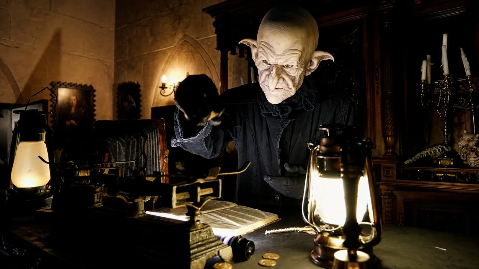 Fantastical creature in black costume and makeup in a gothic Bordeaux setting, surrounded by glowing lanterns and antique objects.