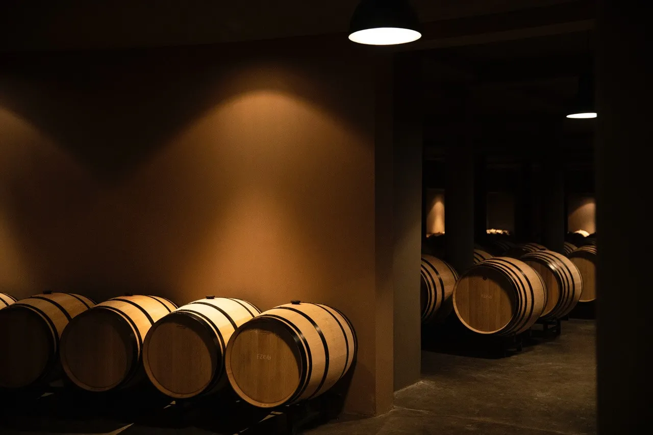 Wine aging cellar with rows of wooden barrels lined up under amber lighting at Château de Fieuzal in Bordeaux.