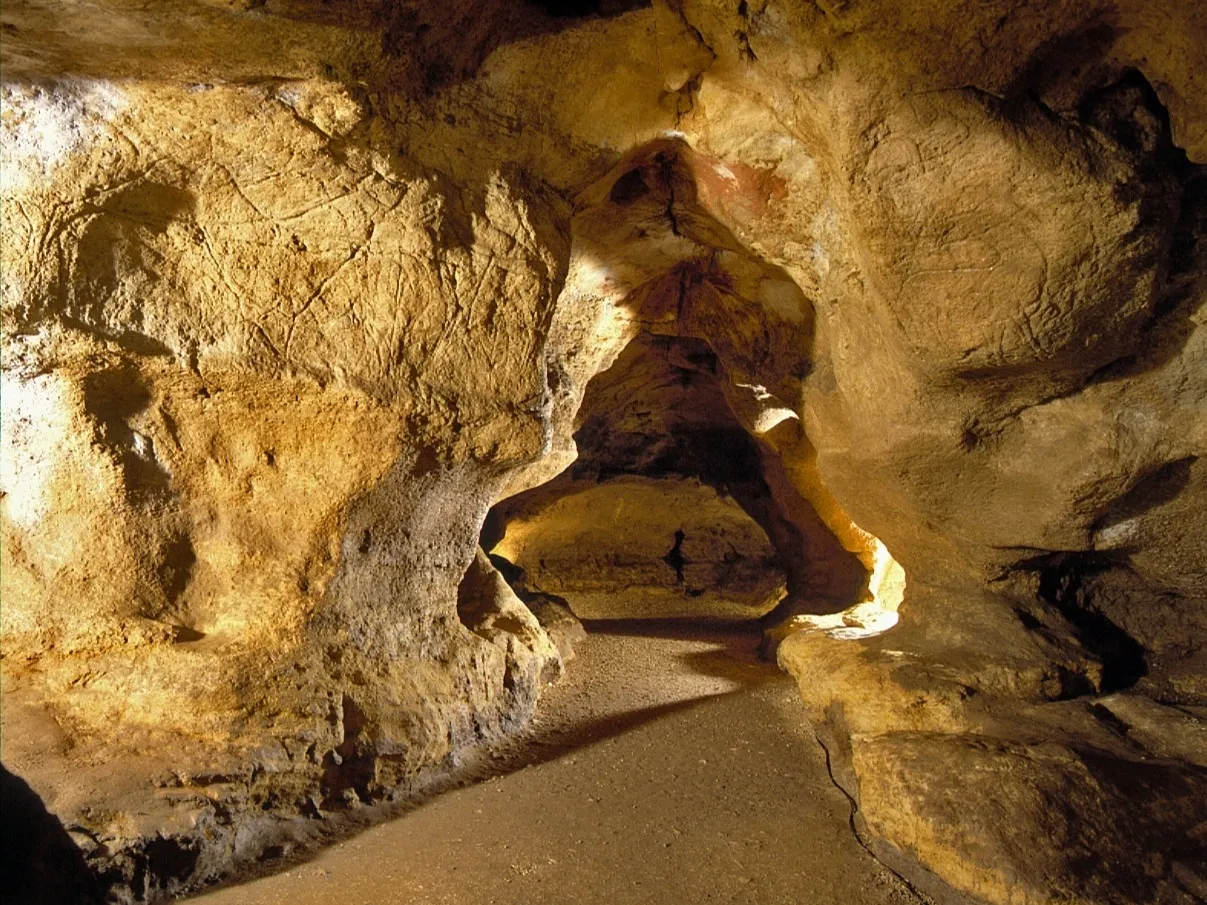 Interior of Pair-non-Pair cave near Bordeaux, displaying illuminated limestone walls and a natural opening with daylight