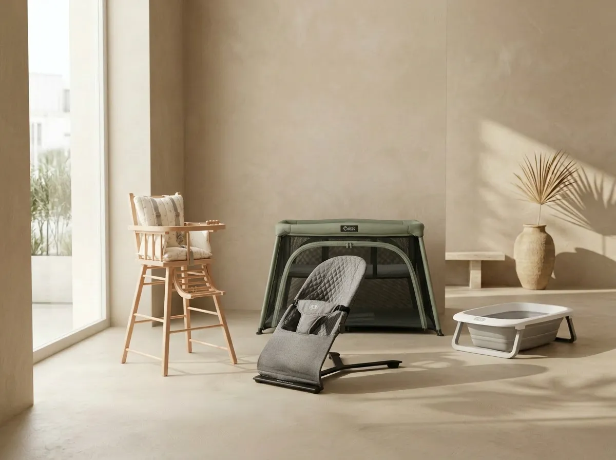 Minimalist nursery room featuring a natural wooden high chair, gray bouncer seat, green portable playpen, white foldable bath, and baby care accessories in a neutral, light-filled space.