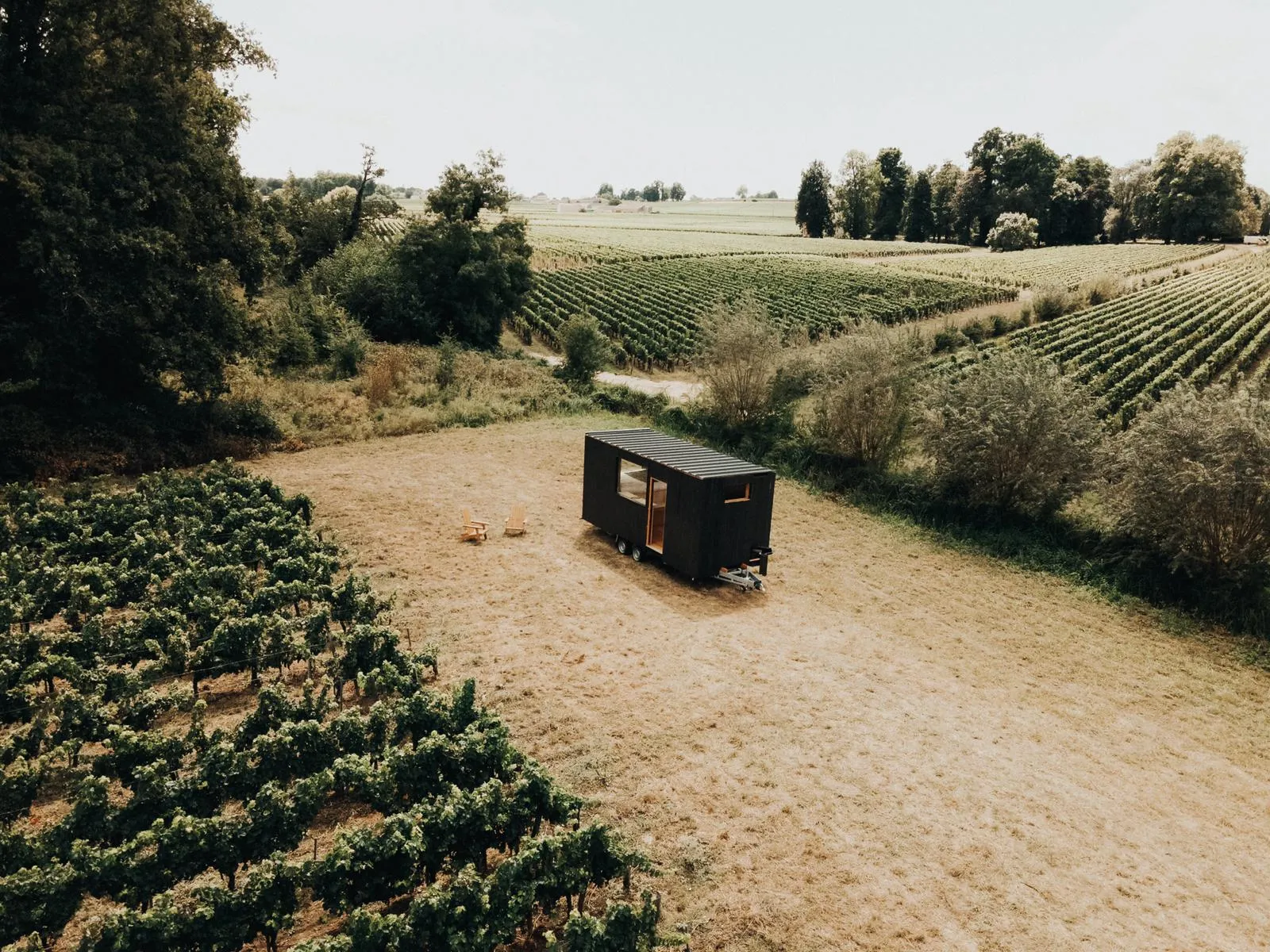 Black tiny house isolated in Saint-Émilion vineyards, surrounded by rows of grapevines and vegetation, with agricultural fields in the background.