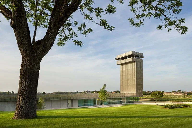 Modern architecture featuring a wooden tower and stone facade overlooking a water basin, surrounded by expansive grounds with an ancient tree in the foreground