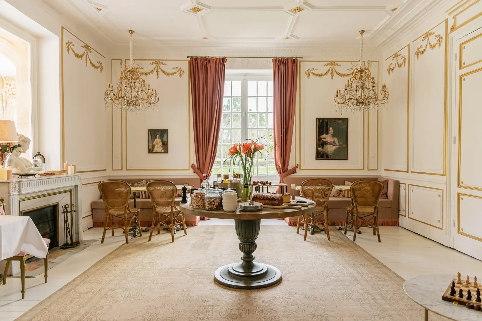 Elegant neoclassical drawing room at Château Léognan in Bordeaux, featuring cream walls, gilt wood paneling, two ornate chandeliers, red curtains, round central table, fireplace, antique portraits, and wicker furniture.