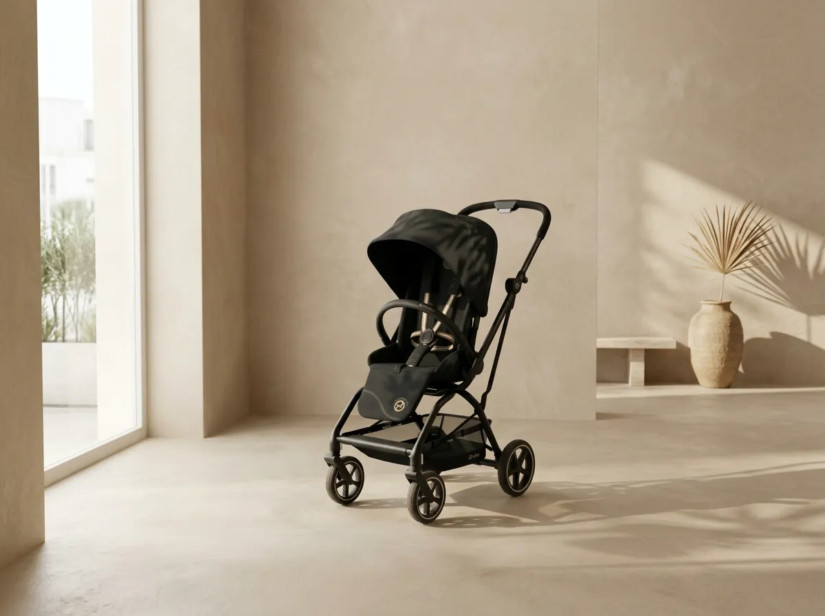 Modern black stroller in a minimalist bright interior with dried plant and large window.