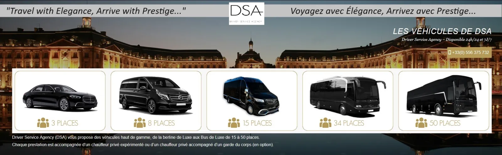 DSA luxury vehicle fleet in Bordeaux: 3-seat sedan, 8-seat minivan, 15-seat minibus, 34-seat coach, and 50-seat bus, with Place de la Bourse backdrop