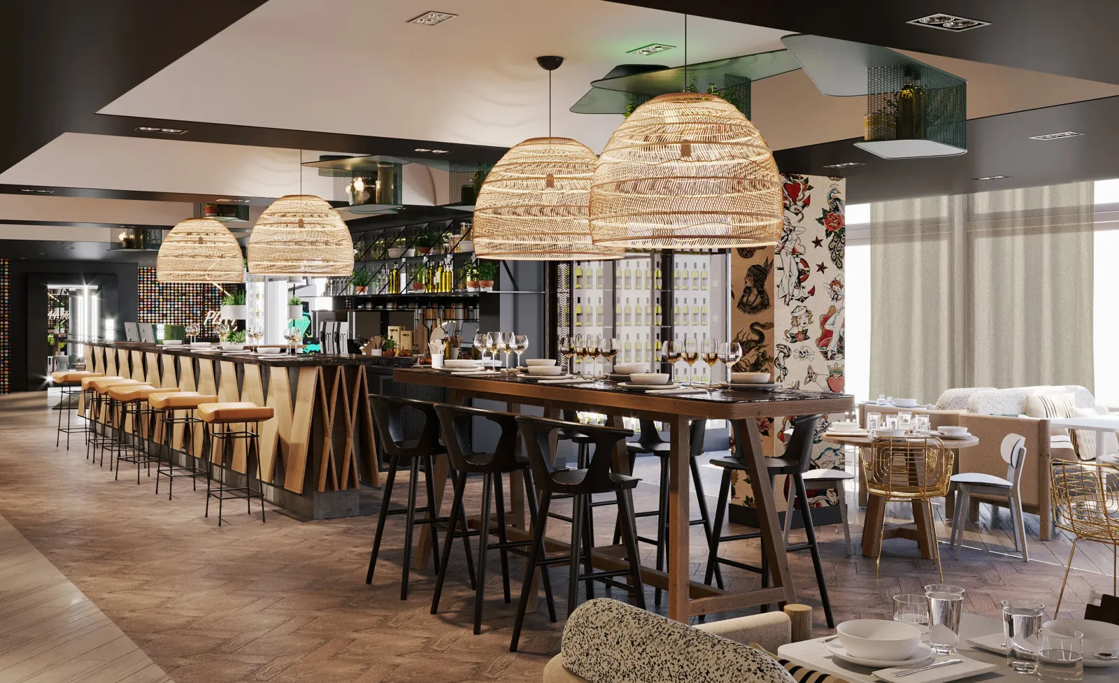 Modern bar and restaurant interior of Novotel Bordeaux Centre featuring wooden counter, beige stools, natural rattan pendant lights, contemporary furniture, and city views.
