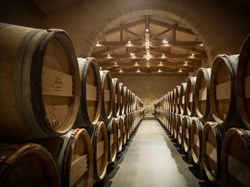 Wine aging cellar at Château Kirwan in Bordeaux featuring symmetrical rows of oak barrels under a stone archway with ambient lighting